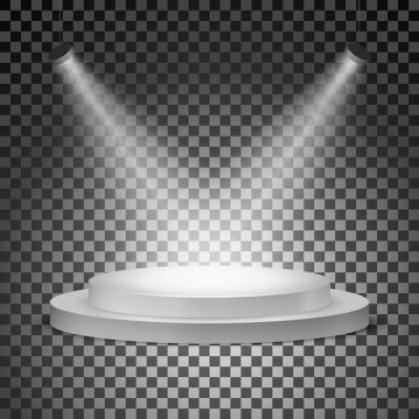 Saydam bir arka plan üzerinde arama ışıkları ile ışıklı podyum. Vektör çizim