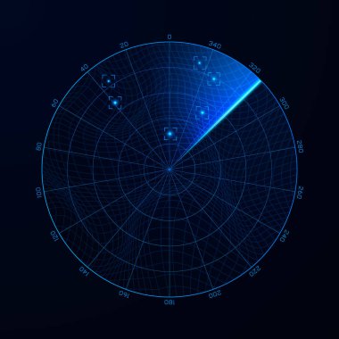 Radar arıyor. Askeri arama sistemi blip illüstrasyon. Pat üzerinde hedef. Mavi navigasyon için arabirim. Vektör