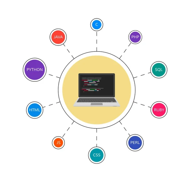 Infografía de desarrollo web. Lenguajes de programación. Programación y codificación. Ilustración vectorial — Archivo Imágenes Vectoriales