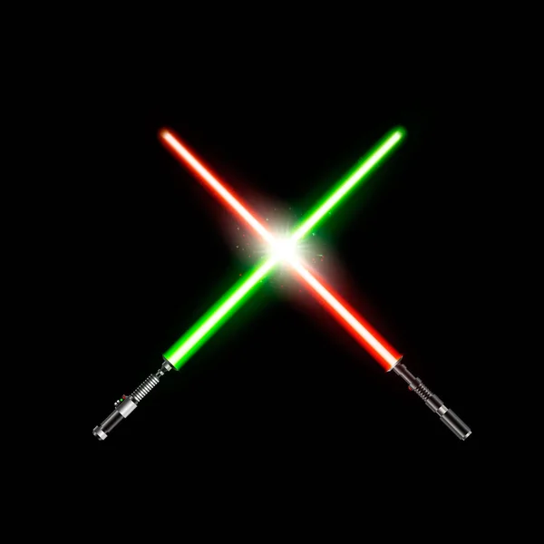 Dwóch mieczy świetlnych realistyczne. skrzyżowane miecze światło zielone i czerwone. Wektor ilustracja na białym tle na ciemnym tle — Wektor stockowy