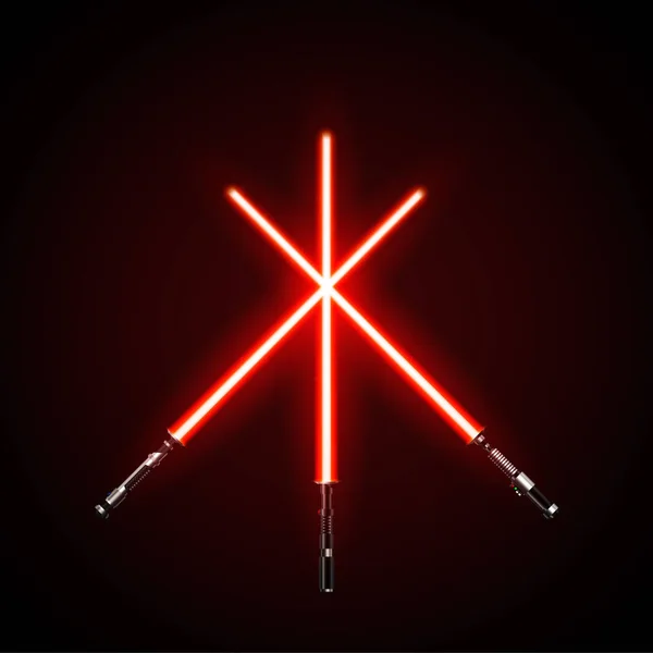 Rotgekreuzte Lichtschwerter. Vektor-Illustration isoliert auf dunklem Hintergrund — Stockvektor