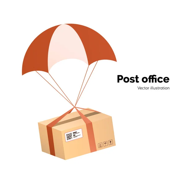 Bureau de poste. service de livraison de courrier aérien. Emballage avec étiquette, code QR. colis avec parachute pour expédition, illustration vectorielle plate — Image vectorielle