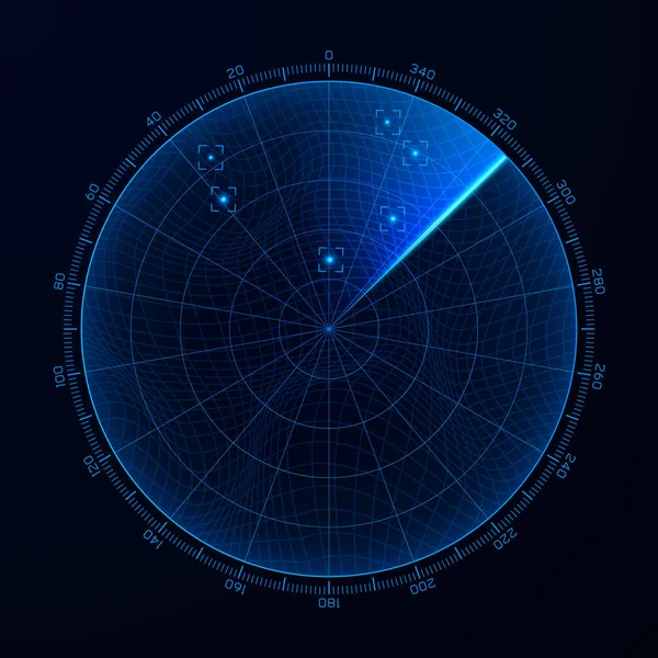 Blip. Radar do elemento de interface HUD. Detecção de alvos no ecrã do radar. Ilustração vetorial — Vetor de Stock