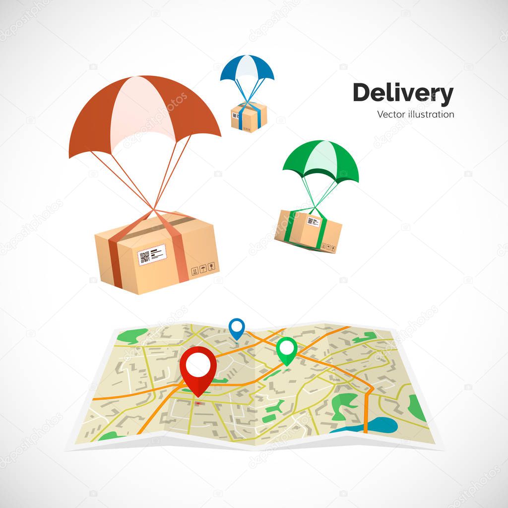Delivery service. Parcels fly to the destination indicated on the map by the pointer. Vector illustration