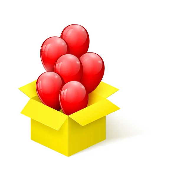 Balões brilhantes vermelhos que voam para fora de uma caixa amarela de abertura. ilustração vetorial — Vetor de Stock