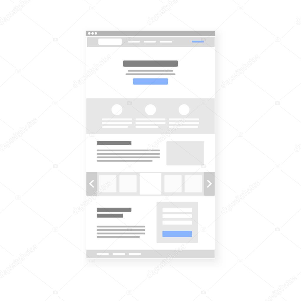 Landing page website wireframe interface template isolated on white. Flat vector illustration