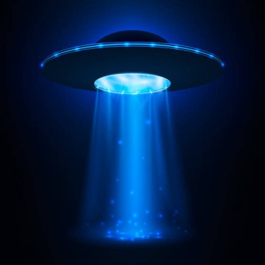 UFO Uzay gemisi. Tanımlanamayan uçan nesne ışık demeti ile. Vektör çizim