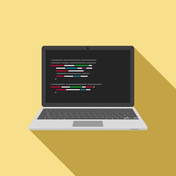 屏幕上带有代码编辑器的膝上型计算机图标。矢量 — 图库矢量图片