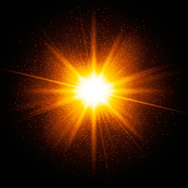 Chispa amarilla. Estrella reventó con destellos. Partículas de brillo dorado, polvo. Efecto de luz brillante transparente. Ilustración vectorial sobre fondo oscuro — Archivo Imágenes Vectoriales