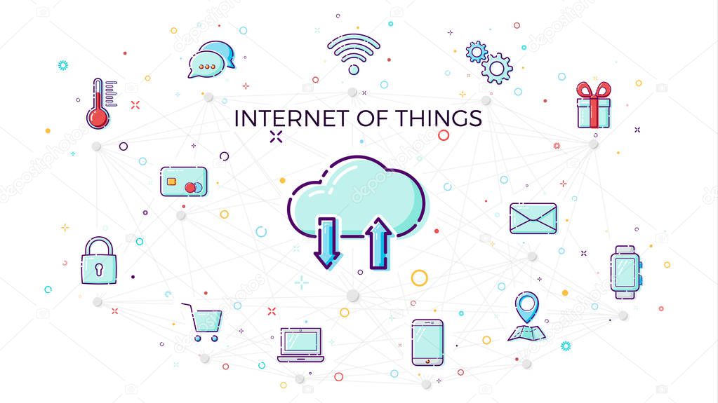 Concept Internet of things. Cloud network concept for connected smart devices. Vector illustration of IoT and network connections icons in white background