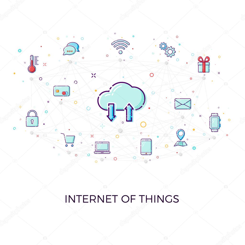 Concept Internet of things. Cloud network concept for connected smart devices. Vector illustration of IoT and network connections icons on white background
