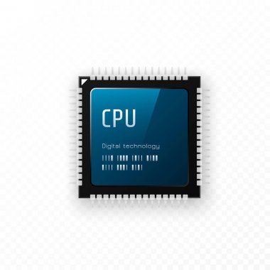 Saydam arka plan üzerinde izole Cpu. Mikroçip birim kavramı. Vektör çizim