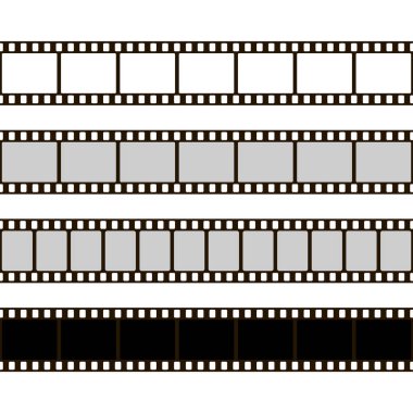 Film şeridi seti. Kamera için film koleksiyonu. Sinema çerçeve. Vektör çizim. Şablon / beyaz arka plan üzerinde olumsuz