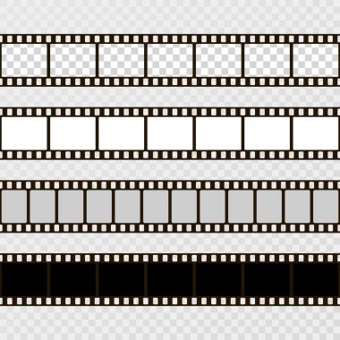 Film şeridi seti. Kamera için film koleksiyonu. Sinema çerçeve. Saydam arka plan şablonunda vektör