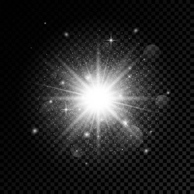 Parlama ışık efekti. Yıldız patlaması ile parıldıyor. Saydam arka plan üzerinde izole vektör çizim