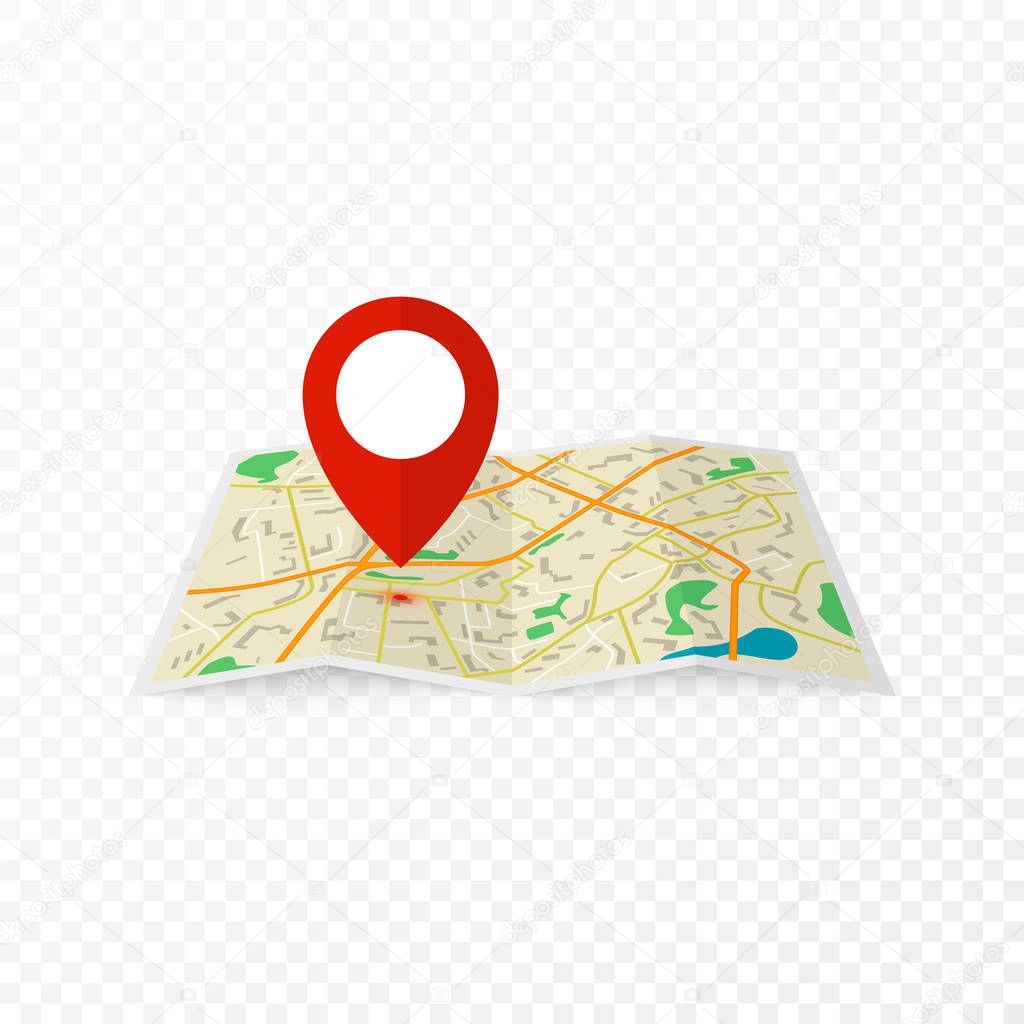 City map with red marker pin. Abstract city map design. Vector illustration in flat design isolated on transparent background