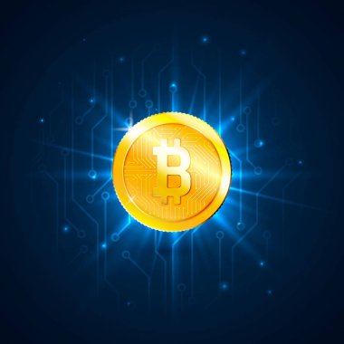 Altın bitcoin devre kartı üzerinde dijital para. Fütüristik teknoloji dijital para veya cryptocurrency kavramı. Vektör çizim