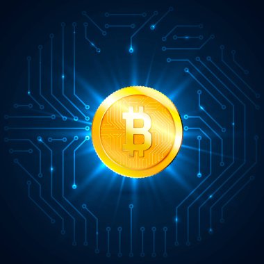 Altın bitcoin dijital para. Cryptocurrency ve araştırma kavramı. Ağ ve veri işleme. Vektör çizim devre arka plan üzerinde