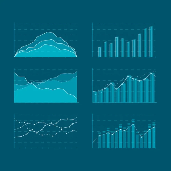 Elementos del mercado de datos comerciales. Plantilla de diagramas y gráficos de iconos planos conjunto. Elementos para el concepto HUD. Ilustración vectorial aislada sobre fondo azul — Vector de stock