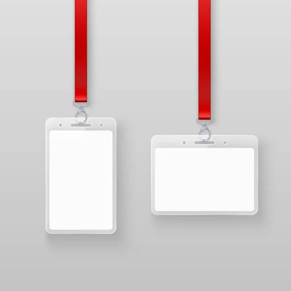 Identificación blanco vacío tarjetas de identificación de plástico en blanco conjunto. Sistema de autorización en eventos o en la oficina. Ilustración vectorial aislada sobre fondo gris — Vector de stock