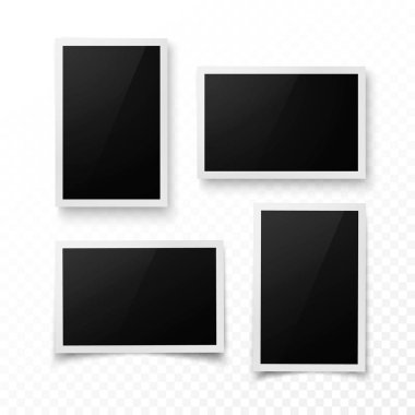 Fotoğraf çerçevesi ile gölge kümesi. Gerçekçi fotoğraf, resim veya pictere sınır şablonu. Fotoğraf boş. Saydam arka plan üzerinde izole vektör çizim