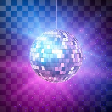 Şeffaf arka plan, gece parti retro arka plan üzerinde parlak ışınları ile disko topu. Vektör çizim