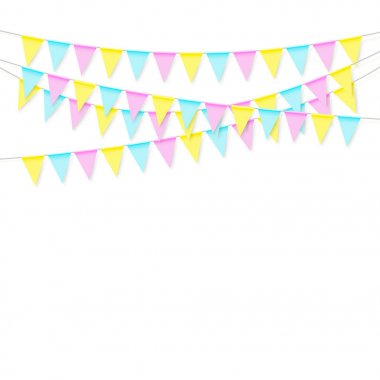 Renkli gerçekçi yumuşak renkli bayrak garland gölge ile. Kutlama ilanı, parti bayrakları. Beyaz arka plan üzerinde izole vektör çizim