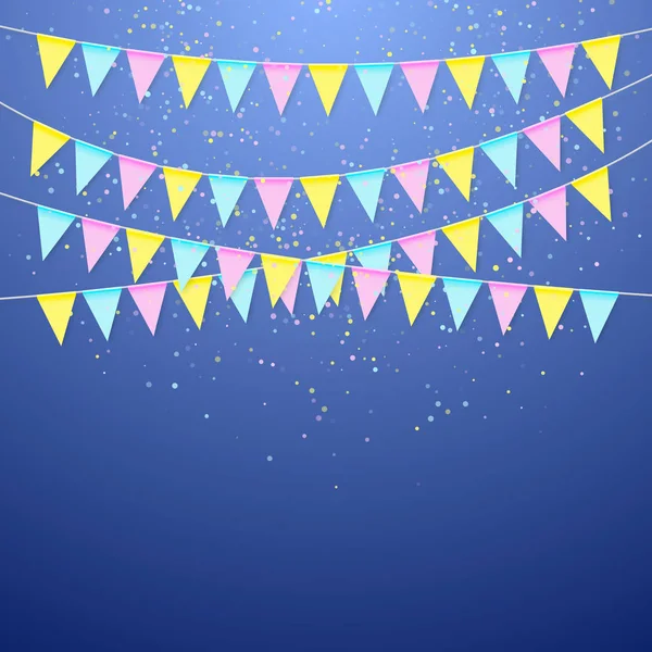 Color festival triangular flag garland. Decoration banner for birthday holiday, festival, carnival and anniversary. Colorful flags with confetti. Vector illustration isolated on blue background — Stock Vector