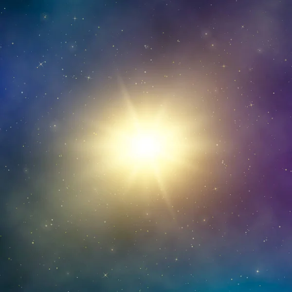 Luz solar. Una estrella brillante abstracta en el espacio. Fondo oscuro de fantasía astral. Ilustración vectorial — Vector de stock