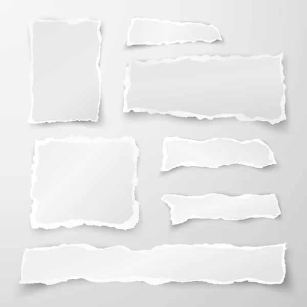Conjunto de pedaços de papel rasgado. Papel de sucata. Tira de objeto com sombra isolada em fundo cinza. Ilustração vetorial —  Vetores de Stock