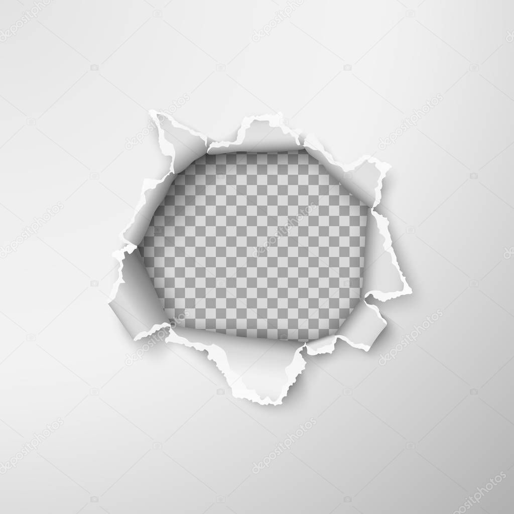 Hole in empty paper sheet. Rough torn paper edges. Vector illustration on transparent background