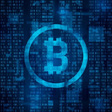 Bitcoin dijital para. Cryptocurrency ve araştırma blockchain sistemi. Bitcoin mavi ikili kodu sembolü. arka plan vektör çizim
