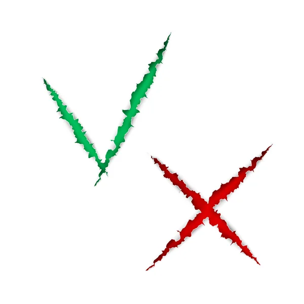 Pole wyboru Lista ikon kleszcza i krzyż, zielone i czerwone znaki są porwany papier zerwana na białym tle na białym tle. Ilustracja wektorowa — Wektor stockowy
