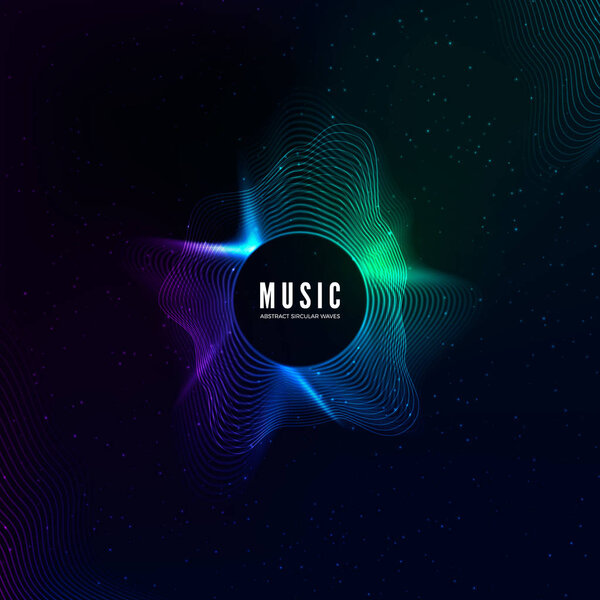 Radial sound wave curve with light particles. Colorful equalizer visualisation. Abstract colorful cover for music poster and banner. Vector background