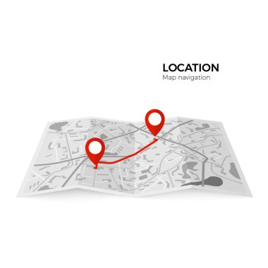 Siyah ve beyaz harita yol ve son başlangıç noktasının kırmızı işaretçilerle. Gps navigator kırmızı renk PIN noktadan noktaya rota kontrol. Beyaz arka plan üzerinde izole vektör çizim
