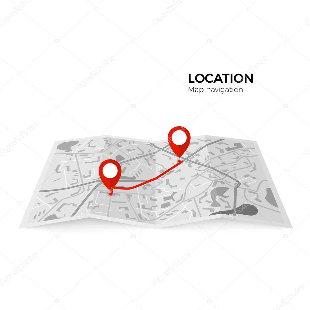 Black and white map with red pointers of the starting point of the route and the final. GPS navigator red color pin checking point to point route. Vector illustration isolated on white background