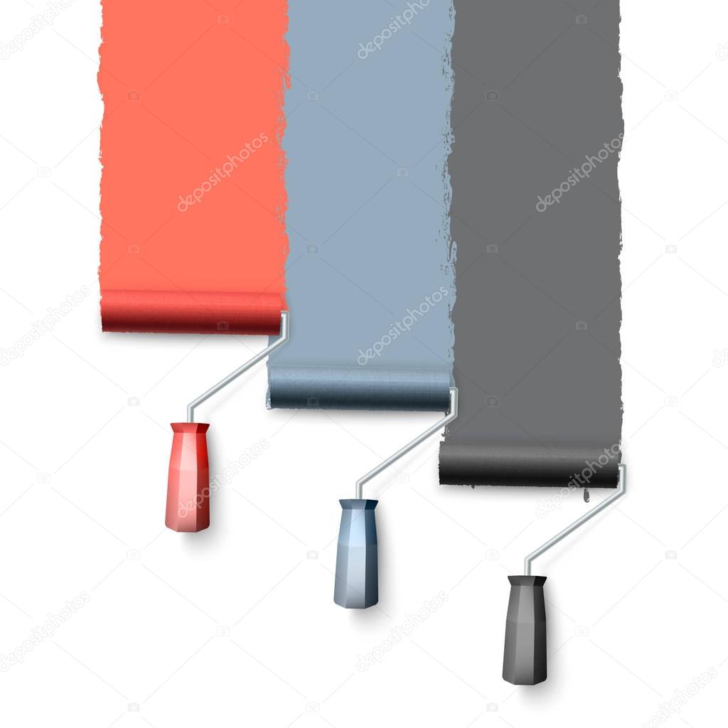 Paint roller brush. Colorful paint texture when painting with a roller. Three rollers paint the wall one by one. Vector illustration isolated on white background