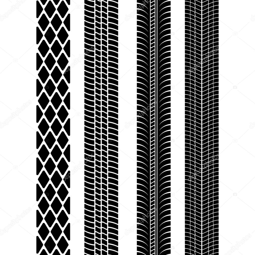 Set of detailed tire prints. Modern tire tread. Tire mark black. Vector illustration