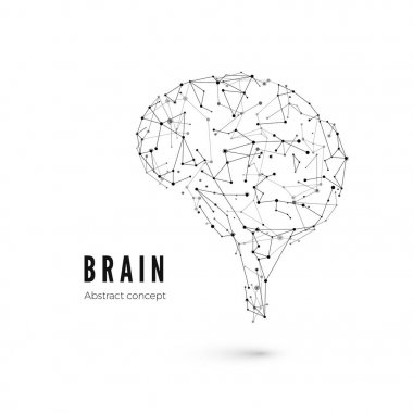 Teknoloji kavramı, parçacıklar ve çizgiler. Poligonal beyin şeklinde bir yapay zeka ile çizgiler ve noktalar. Vektör çizim