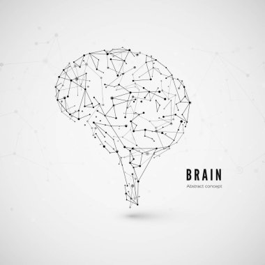 Teknoloji kavramı, parçacıklar ve çizgiler. Poligonal beyin şeklinde bir yapay zeka ile çizgiler ve noktalar. Vektör çizim