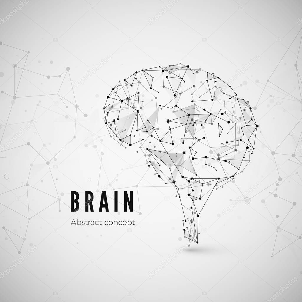 Graphic concept of the brain. Technology and science background with brain icon. Brain is composed of points, lines and triangles. Vector illustration