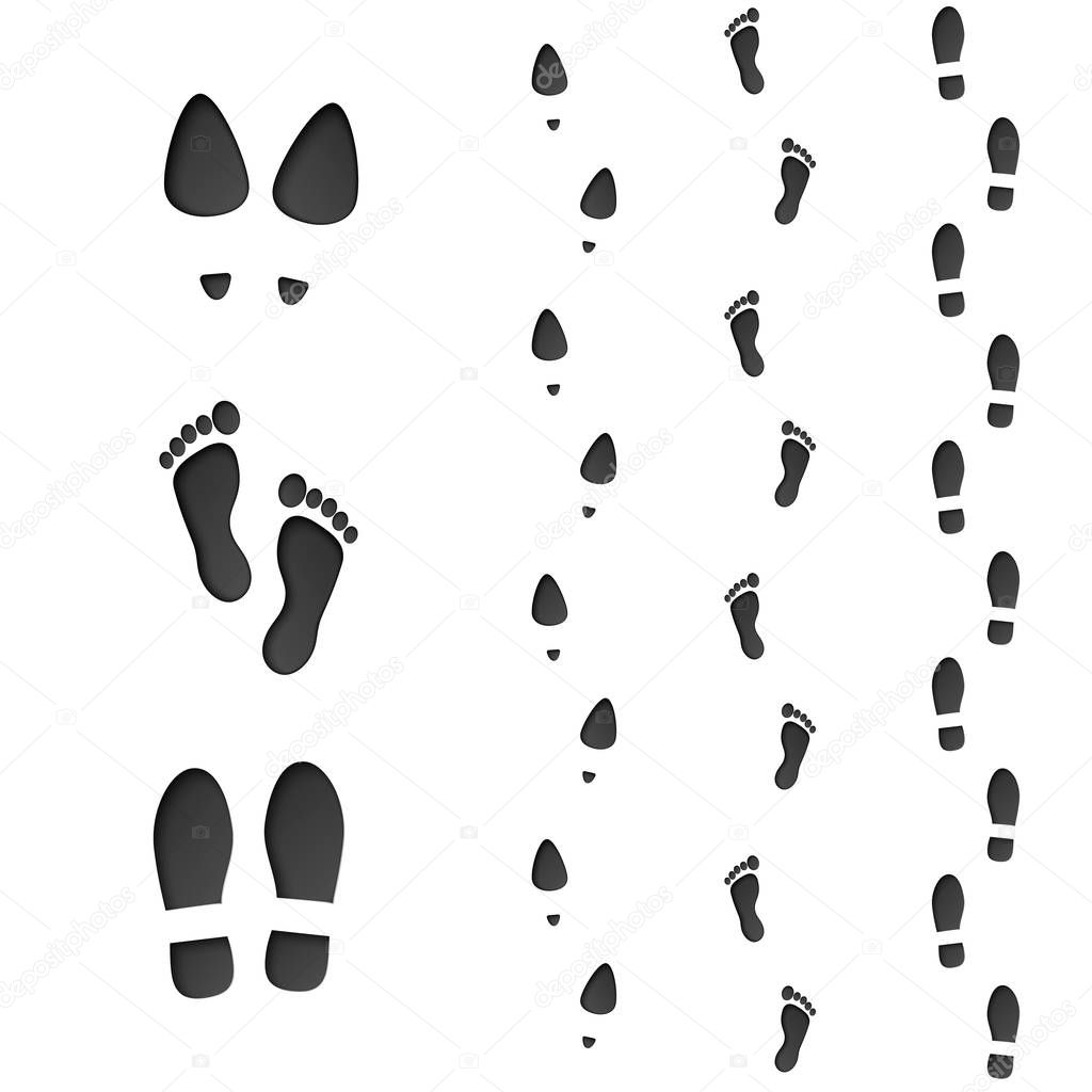 Set of footprint. Male, female and barefoot ink silhouette. Vector illustration isolated on white background