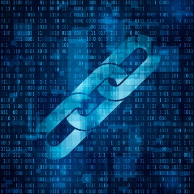 Zincir sembolü. İkili kod Blockchain köprü sembolü. Soyut mavi matris arka plan. Sayı büyük veri akışı bilgileri. Cryptocurrency ve blockchain iş kavramı. Vektör çizim