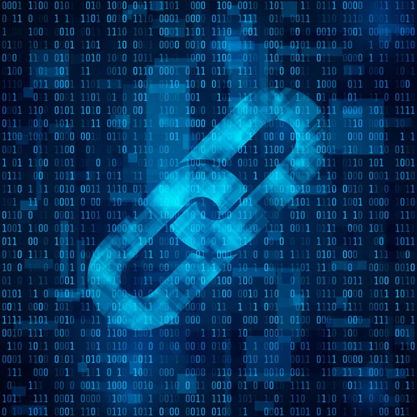 Blockchain hyperlink symbool op binaire code. Het symbool van de keten op abstracte blauwe matrix achtergrond. Aantal grote stroom gegevens. Cryptocurrency en blockchain bedrijfsconcept. Vectorillustratie — Stockvector