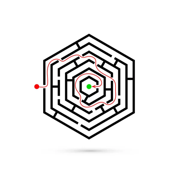 Labyrinthe hexagonal avec moyen de se centrer. Problème, confusion d'affaires et concept de solution. Design plat. Illustration vectorielle sur fond blanc — Image vectorielle