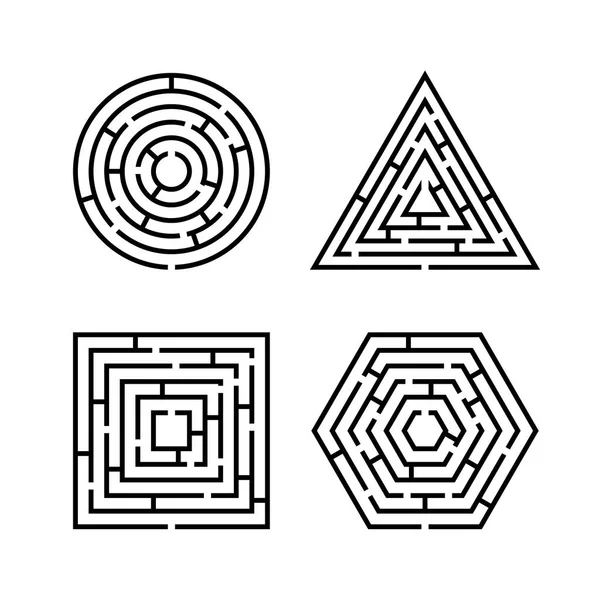 Set di labirinto forme diverse per il gioco. Labirinto quadrato, rotondo, esagono e puzzle triangolo enigma concetto di gioco di logica. Segnale commerciale. Illustrazione vettoriale isolata su bianco — Vettoriale Stock