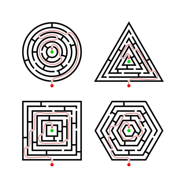 Conjunto de Labirinto Formas Diferentes para Jogo com o marcador rota correta. Labirinto quadrado, redondo, hexágono e conceito de jogo de lógica de enigma triângulo. Assina. Ilustração vetorial isolada — Vetor de Stock