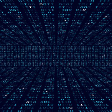 Şifreleme bilgileri. İkili kod mavi zemin üzerine. Rasgele ikili sayılar. Büyük veri algoritması soyut kavram. Vektör çizim