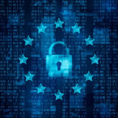 Genel veri koruma Yönetmeliği - Gdpr. asma kilit simgesi, veri güvenli. Mavi matris arka plan üzerinde yıldız. Vektör çizim