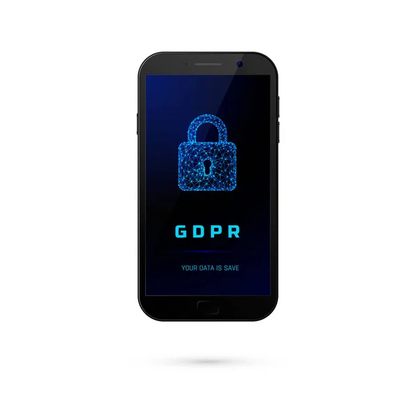 RGPD - Seguridad general de protección de datos. Teléfono con candado en pantalla aislado sobre fondo blanco. Ilustración vectorial — Archivo Imágenes Vectoriales